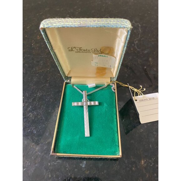 L' Fonts Ltd. Sterling Silver 24" Art Deco Cross Necklace in Original Box, 1970' - Picture 1 of 6